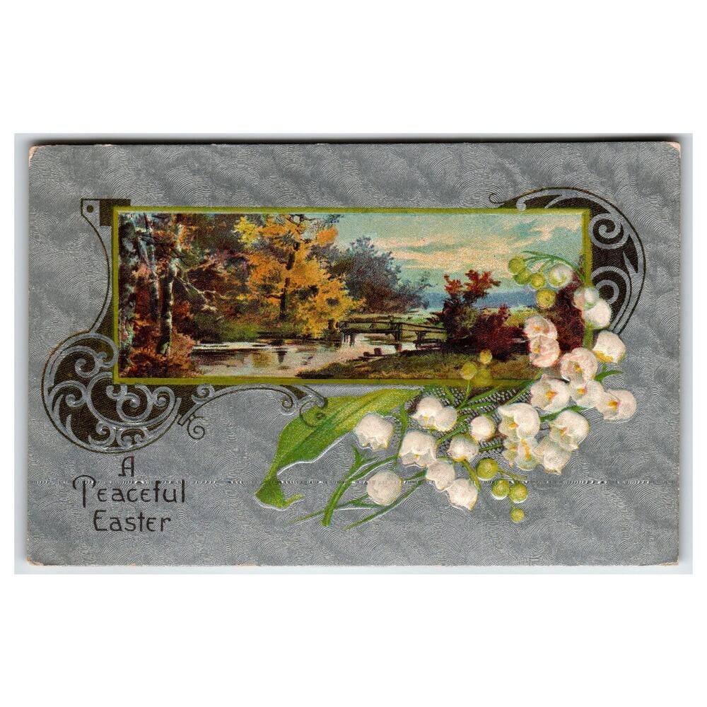 A Peaceful Easter Embossed Postcard - Autumn Landscape & Lily of the Valley